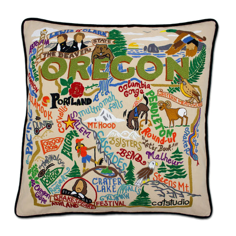 State of Oregon Hand-Embroidered Pillow